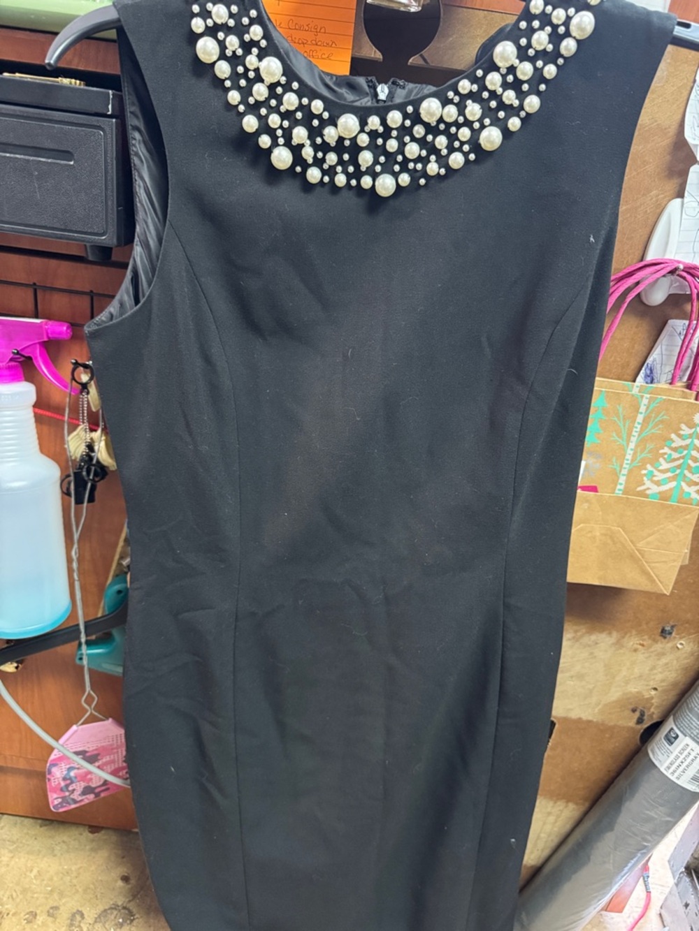 Calvin Klein Black Sleeveless Midi Dress with Pearl-Embellished Neckline